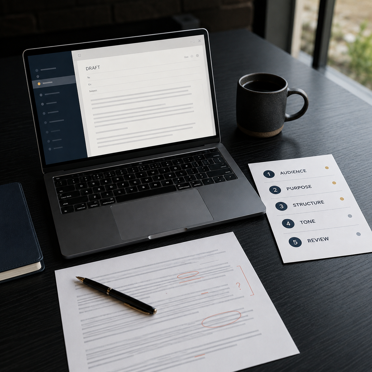 Structured five-step process for drafting professional workplace emails